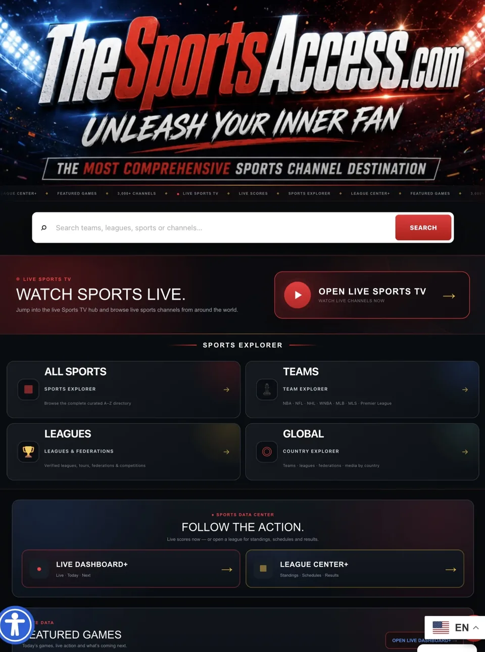 The Sports Access homepage and sports discovery interface